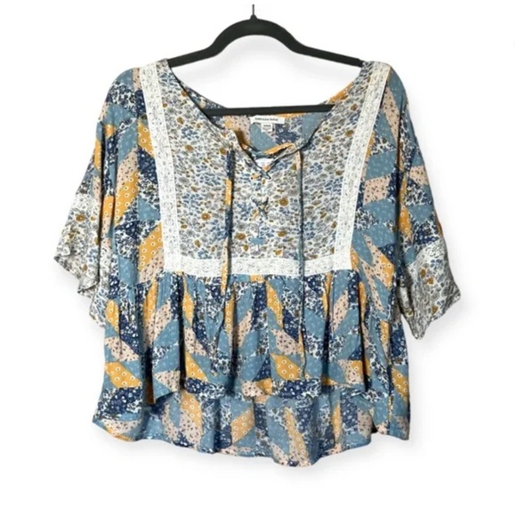 NWT American Eagle Floral Patchwork print Boho Peasant Blouse top women’s size M - Picture 1 of 10